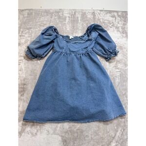 Thirty Thirty LA Dress Womens Size Large Blue Denim Puff Sleeve Babydoll Pockets
